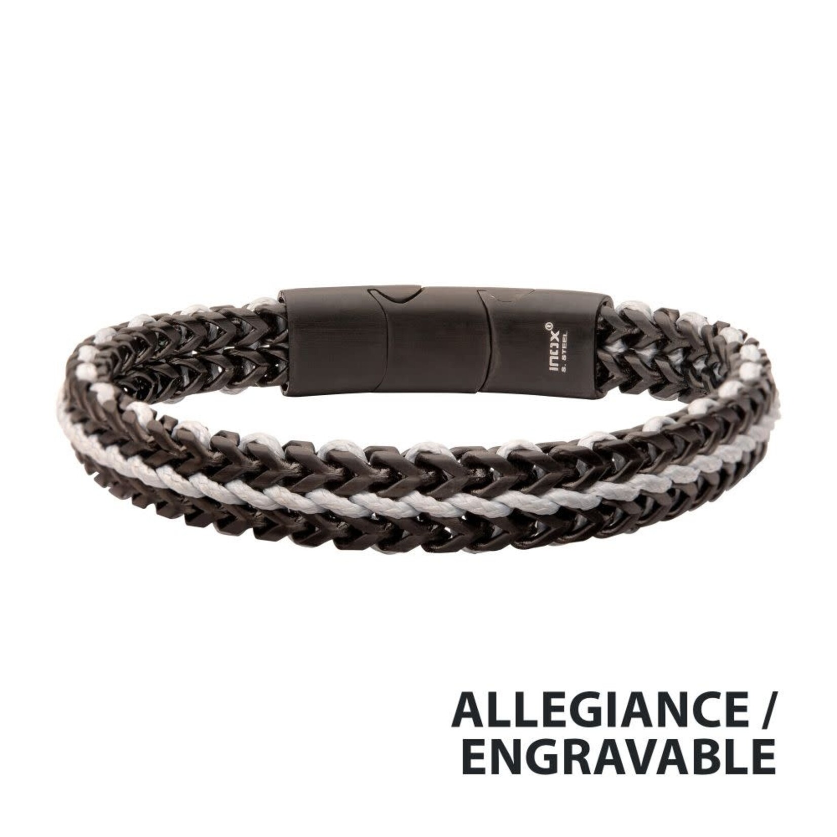 Inox Matte Finish Black IP Stainless Steel Foxtail Chain with White Wax Cord Bracelet 7.75"-8.25"