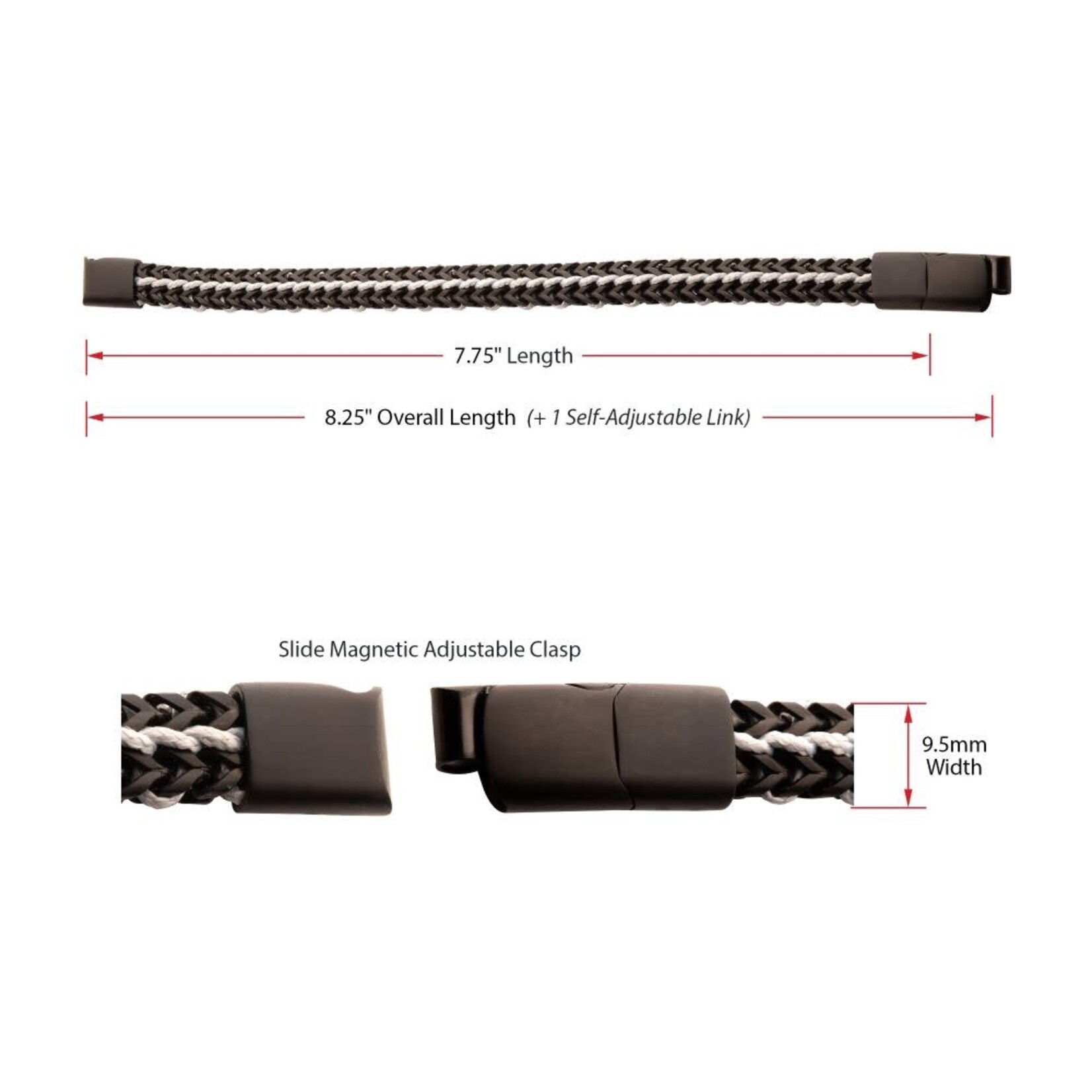 Inox Matte Finish Black IP Stainless Steel Foxtail Chain with White Wax Cord Bracelet 7.75"-8.25"