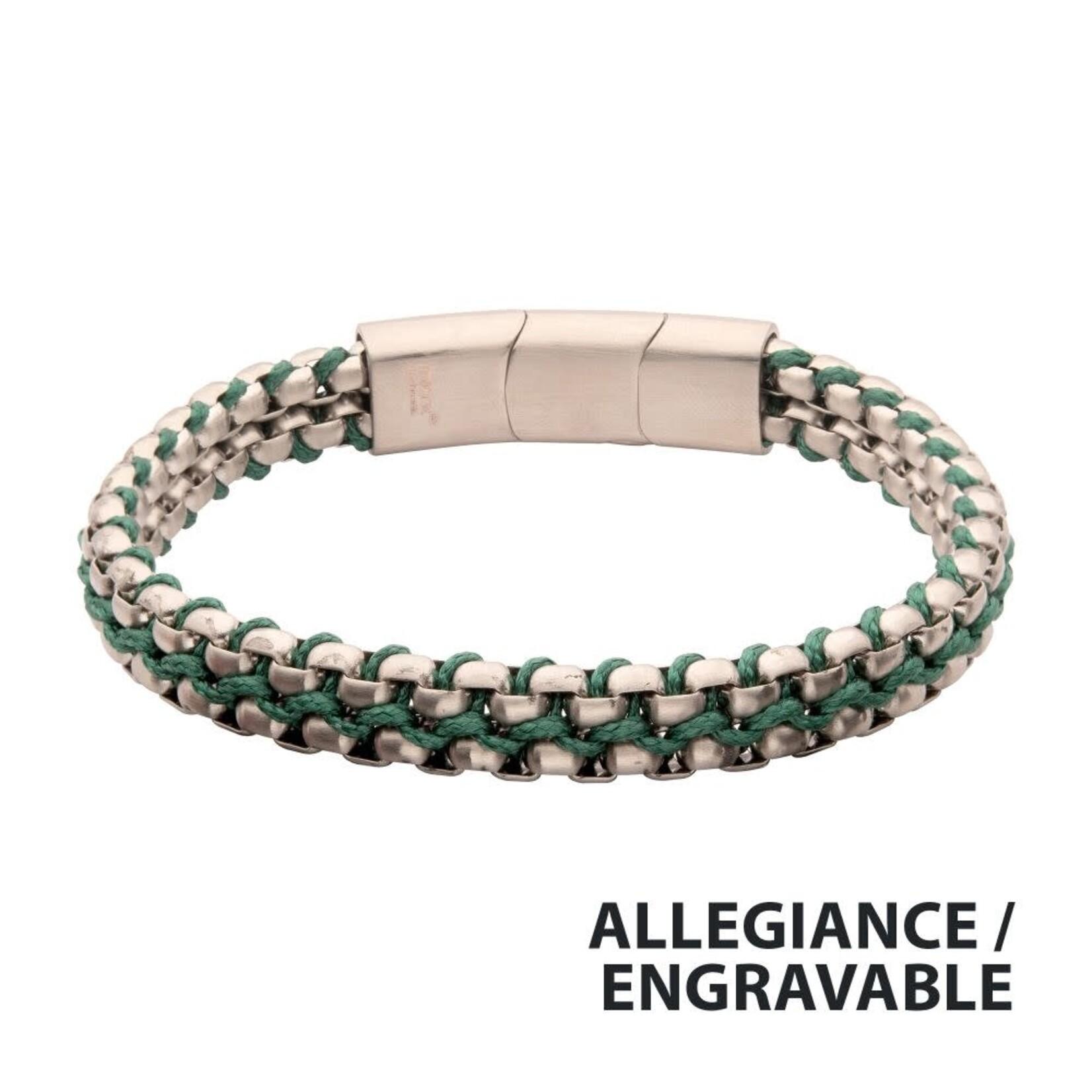 Inox Matte Finish Stainless Steel Box Chain with Green Wax Cord Bracelet 7.75"-8.25"