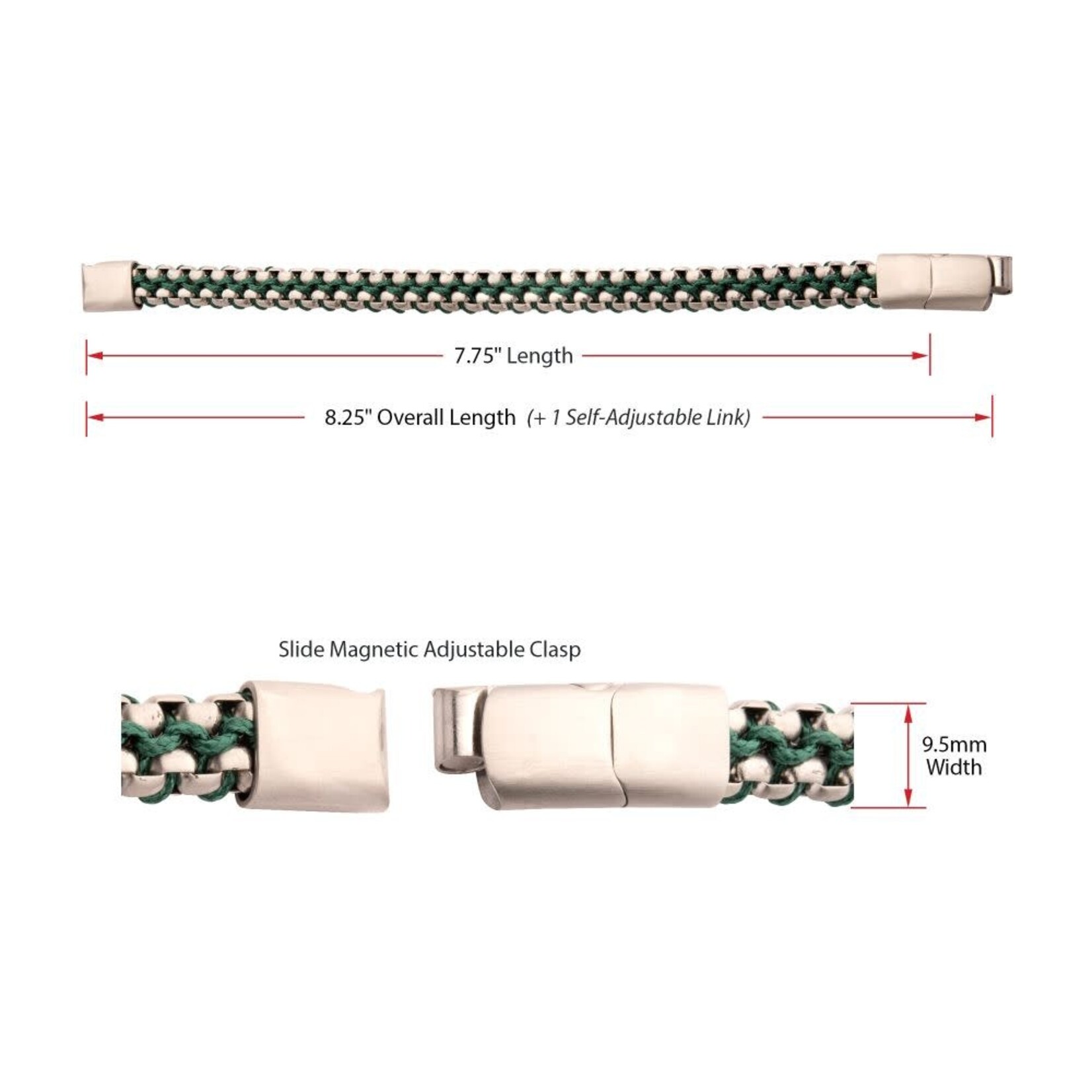 Inox Matte Finish Stainless Steel Box Chain with Green Wax Cord Bracelet 7.75"-8.25"