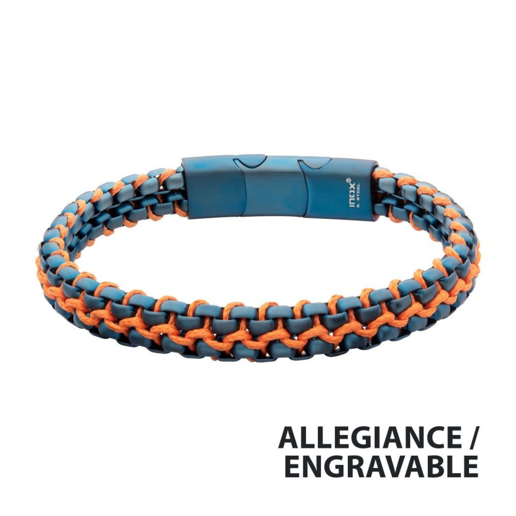 Inox Matte Finish Blue IP Stainless Steel Box Chain with Orange Wax Cord Bracelet 7.75"-8.25"