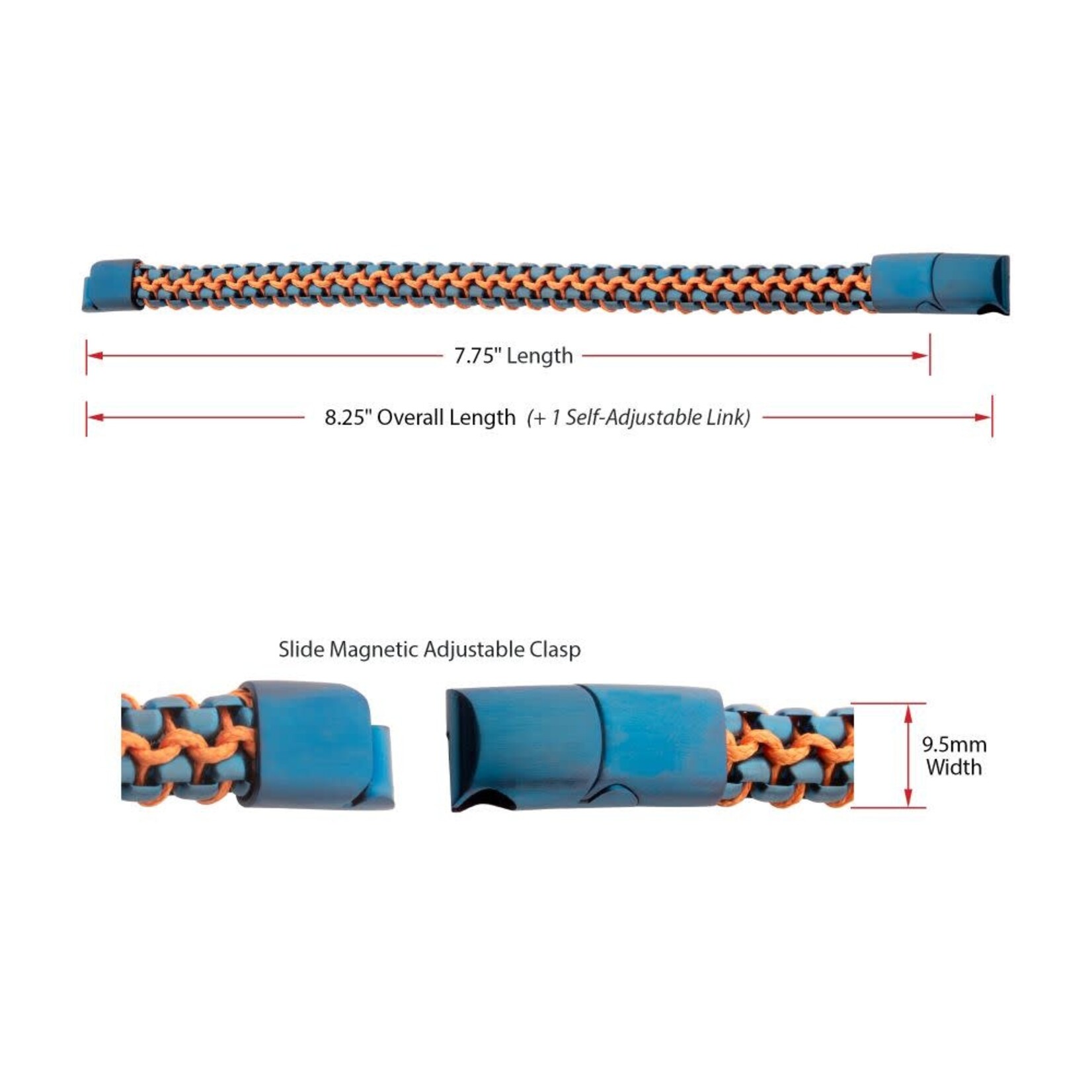Inox Matte Finish Blue IP Stainless Steel Box Chain with Orange Wax Cord Bracelet 7.75"-8.25"