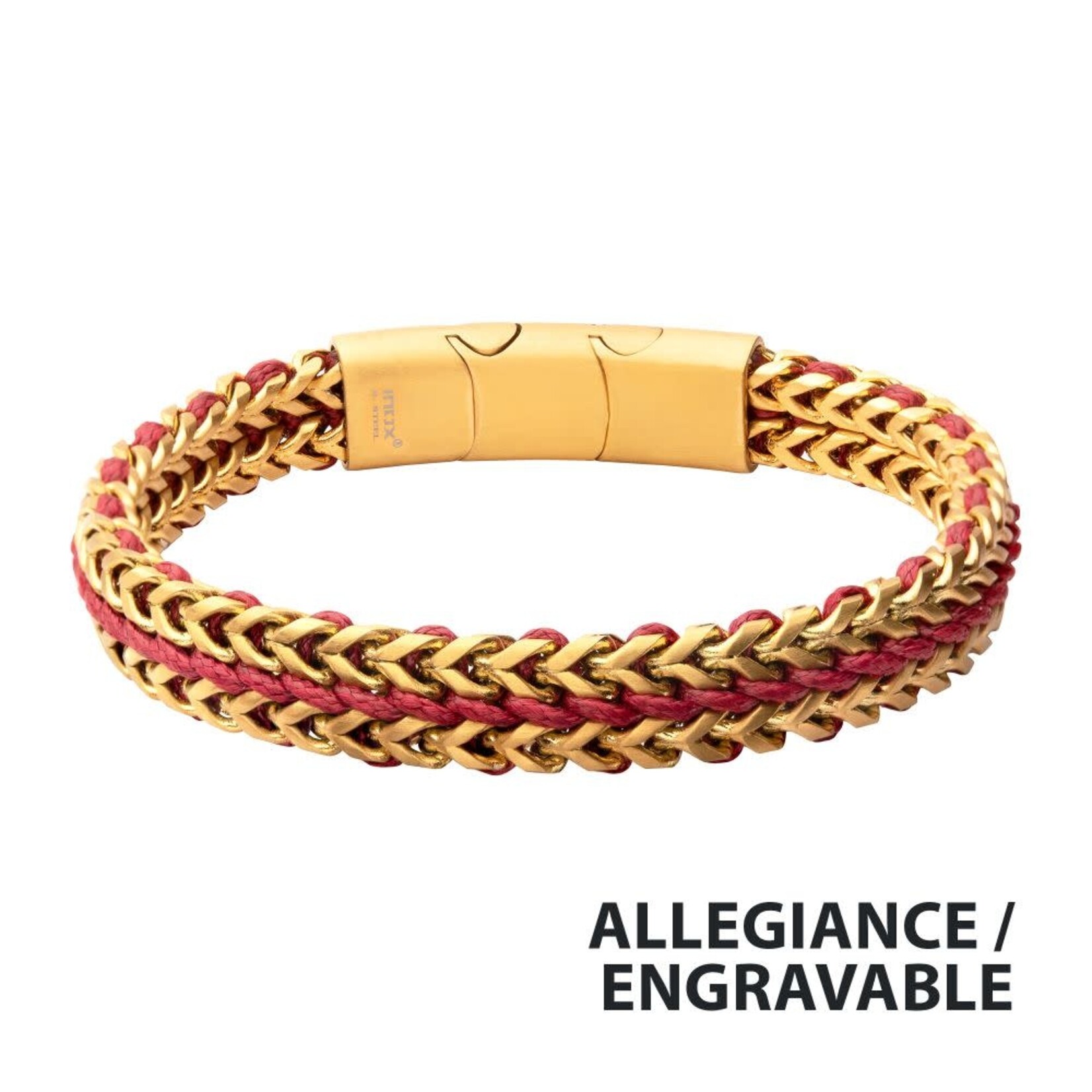 Inox Matte Finish Gold IP Stainless Steel Foxtail Chain with Red Wax Cord Bracelet 7.75"-8.25"