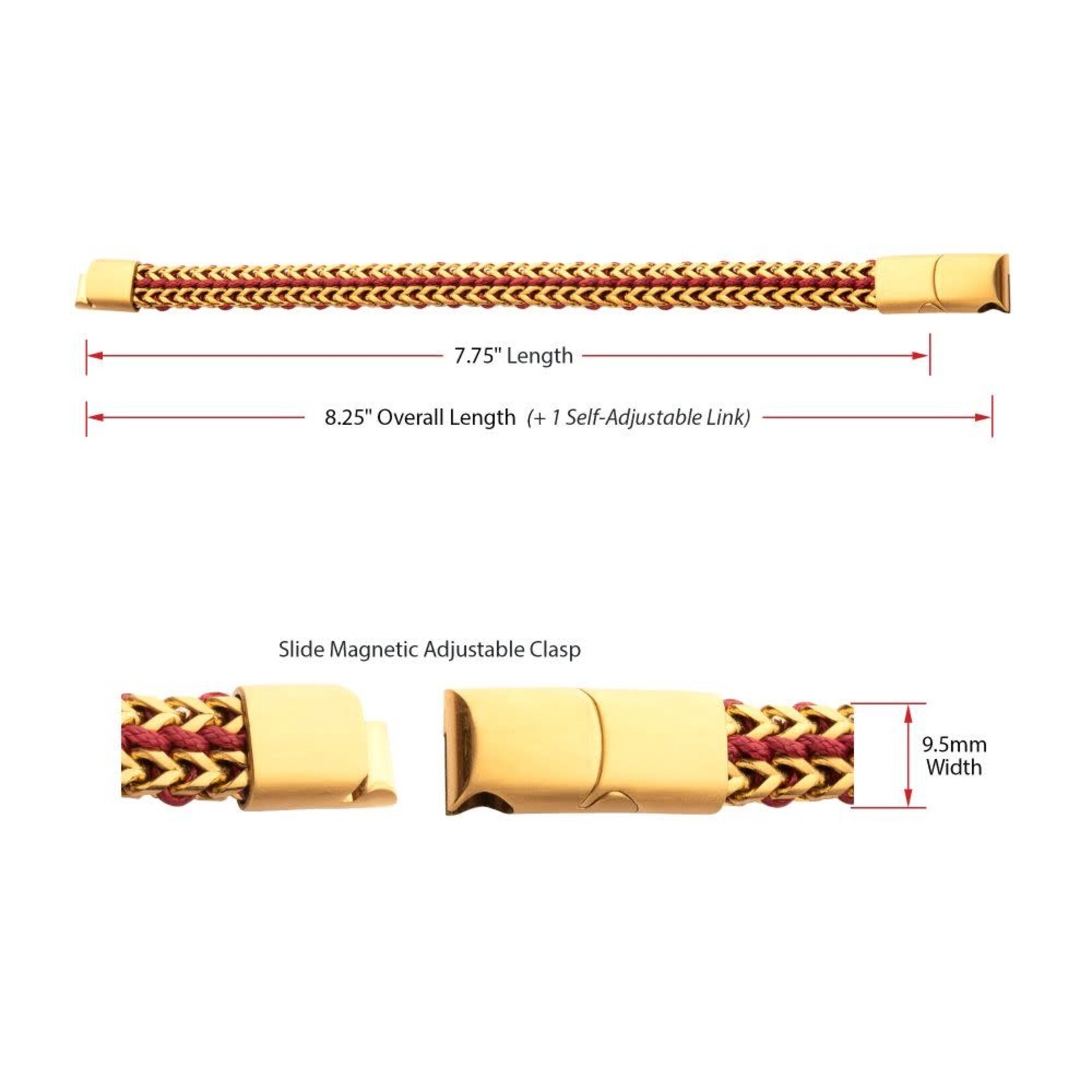 Inox Matte Finish Gold IP Stainless Steel Foxtail Chain with Red Wax Cord Bracelet 7.75"-8.25"