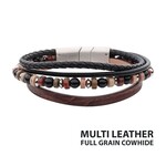 Inox Brown & Black Full Grain Cowhide Leather with Black Onyx & Bloodstone Bead Multi-Strand Bracelet 8"-8.5"