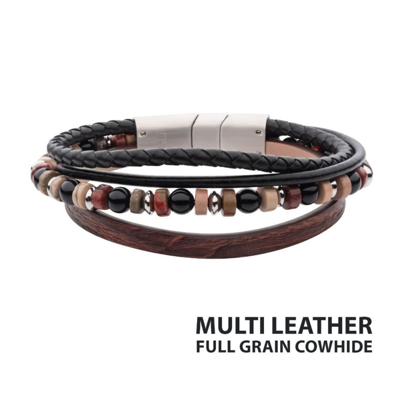 Inox Brown & Black Full Grain Cowhide Leather with Black Onyx & Bloodstone Bead Multi-Strand Bracelet 8"-8.5"