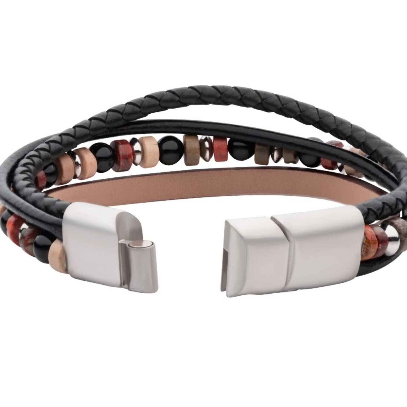 Inox Brown & Black Full Grain Cowhide Leather with Black Onyx & Bloodstone Bead Multi-Strand Bracelet 8"-8.5"