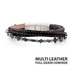Inox Denim, Black & Brown Full Grain Cowhide Leather with Hematite Cross Bead Multi-Strand Bracelet 8"-8.5"