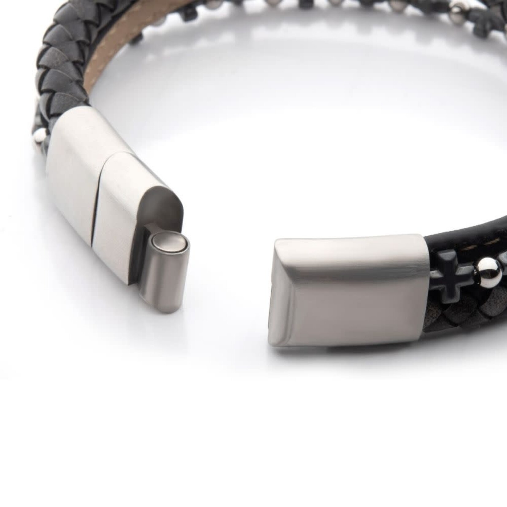 Inox Denim, Black & Brown Full Grain Cowhide Leather with Hematite Cross Bead Multi-Strand Bracelet 8"-8.5"