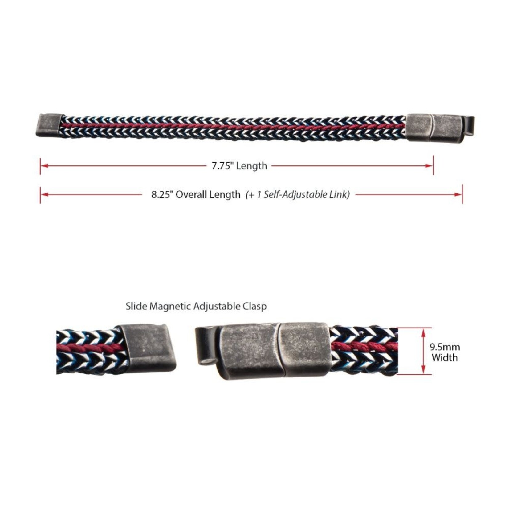Inox Antique Finish Blue IP Stainless Steel Foxtail Chain with Red Wax Cord Bracelet 7.75"-8.25"
