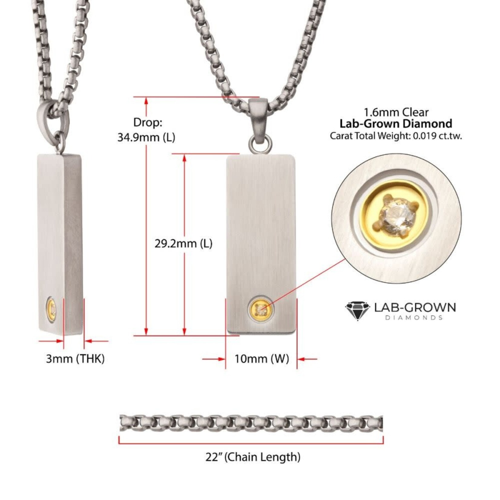 Inox 1.6mm Clear Lab-Grown Diamond on Matte Finish Steel Engravable Compact Dog Tag Vulcan Pendant 22"