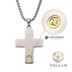 Inox 1.6mm Genuine Clear Lab-Grown Diamond on Matte Finish Steel Engravable Compact Cross Vulcan Pendant 22"