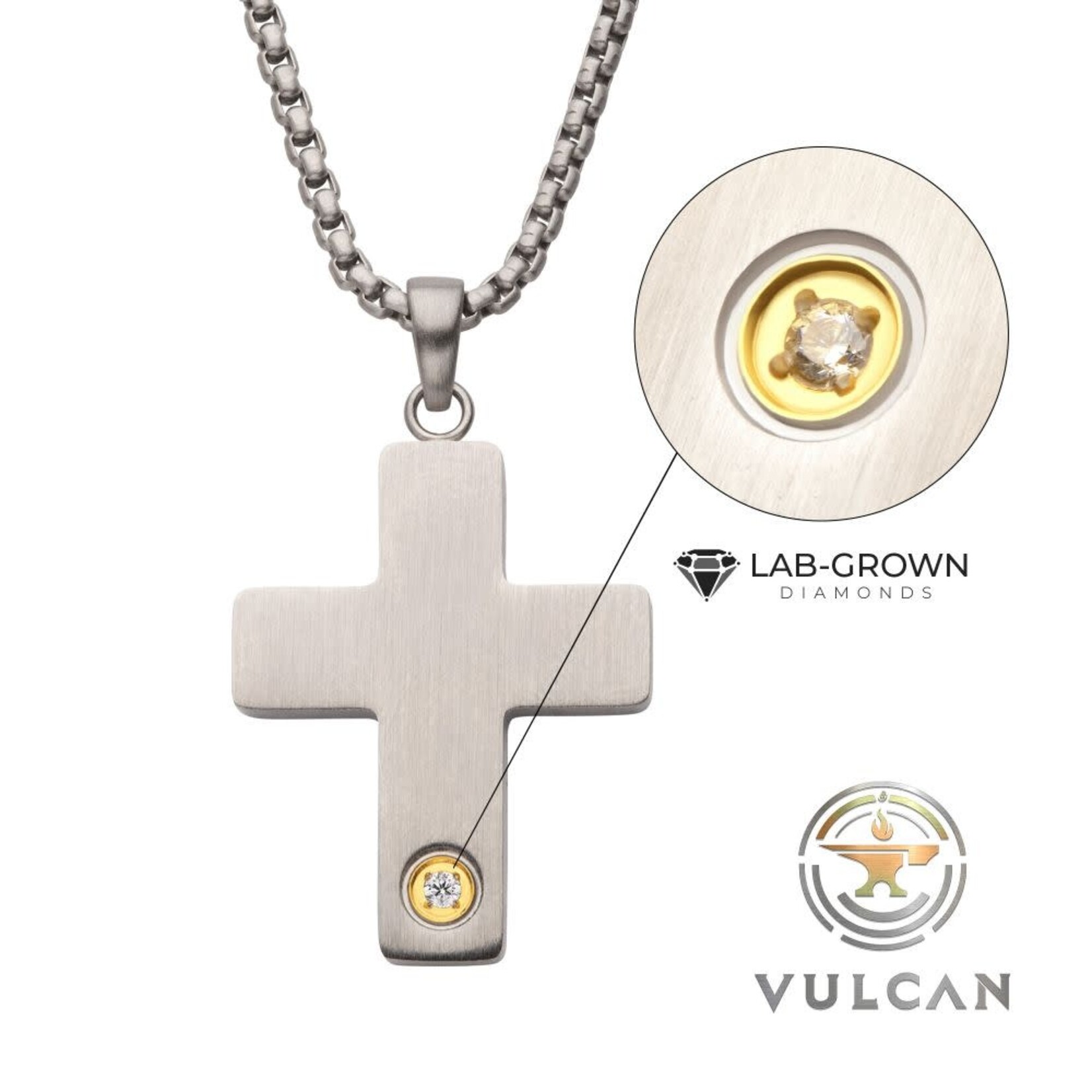 Inox 1.6mm Genuine Clear Lab-Grown Diamond on Matte Finish Steel Engravable Compact Cross Vulcan Pendant 22"