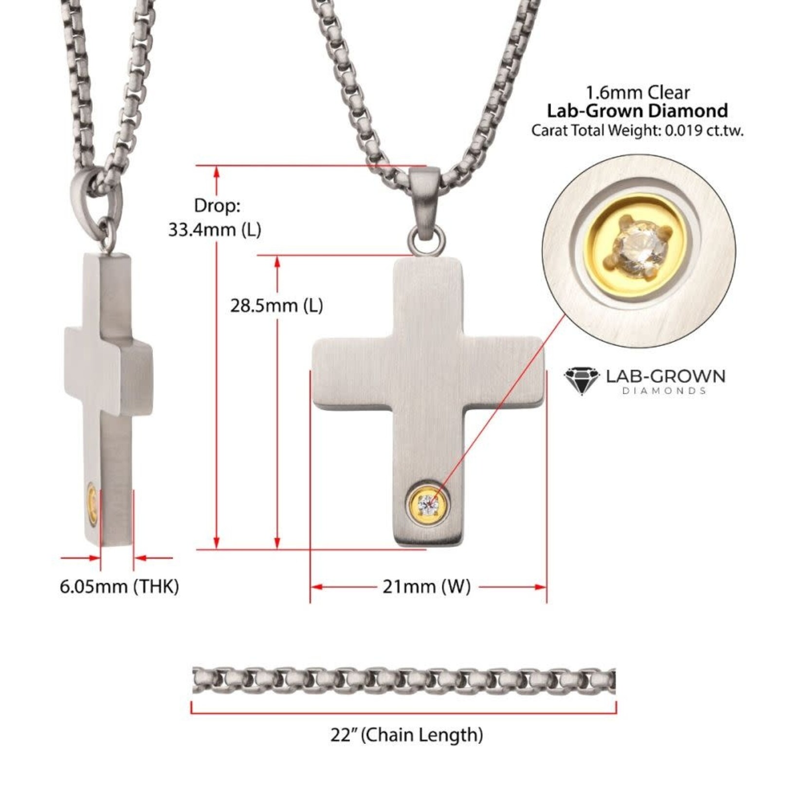 Inox 1.6mm Genuine Clear Lab-Grown Diamond on Matte Finish Steel Engravable Compact Cross Vulcan Pendant 22"
