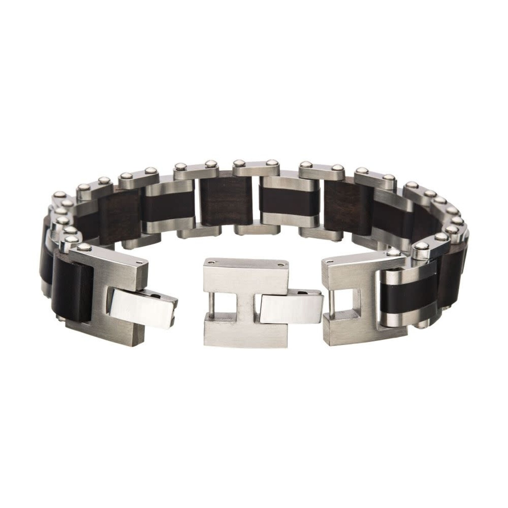 Inox Stainless Steel w/ Ebony Wood Link Bracelet 7.75"-8.25"