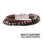 Inox Brown Full Grain Cowhide Leather with Black Onyx,Tiger's Eye & Piccaso Jasper Stone Bead Multi-Strand Bracelet 8"-8.5"