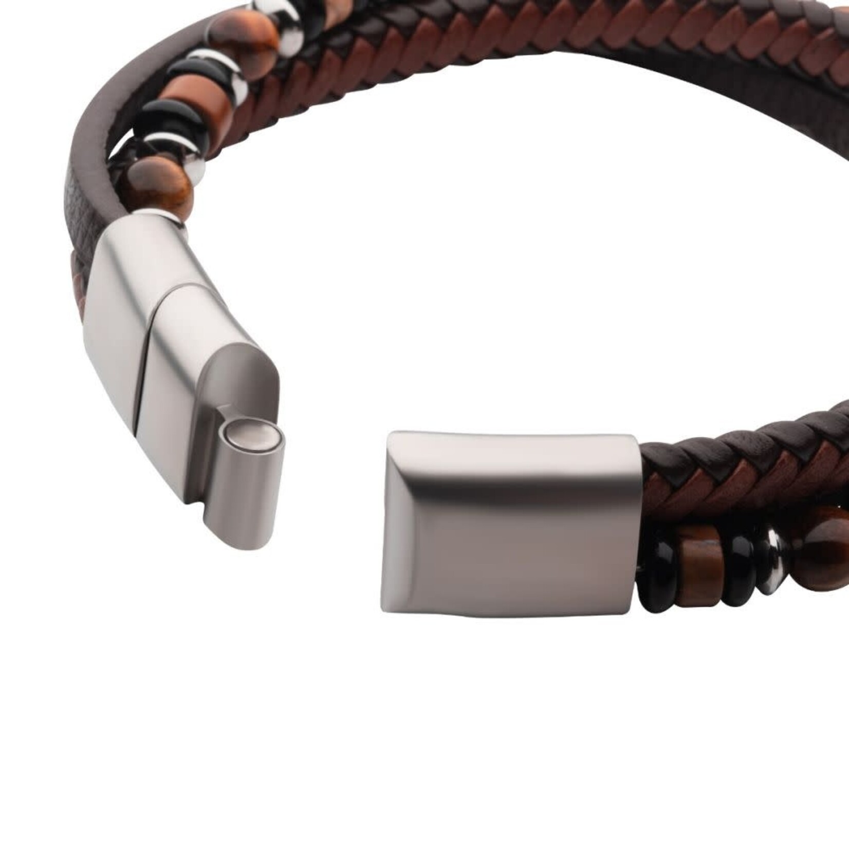Inox Brown Full Grain Cowhide Leather with Black Onyx,Tiger's Eye & Piccaso Jasper Stone Bead Multi-Strand Bracelet 8"-8.5"