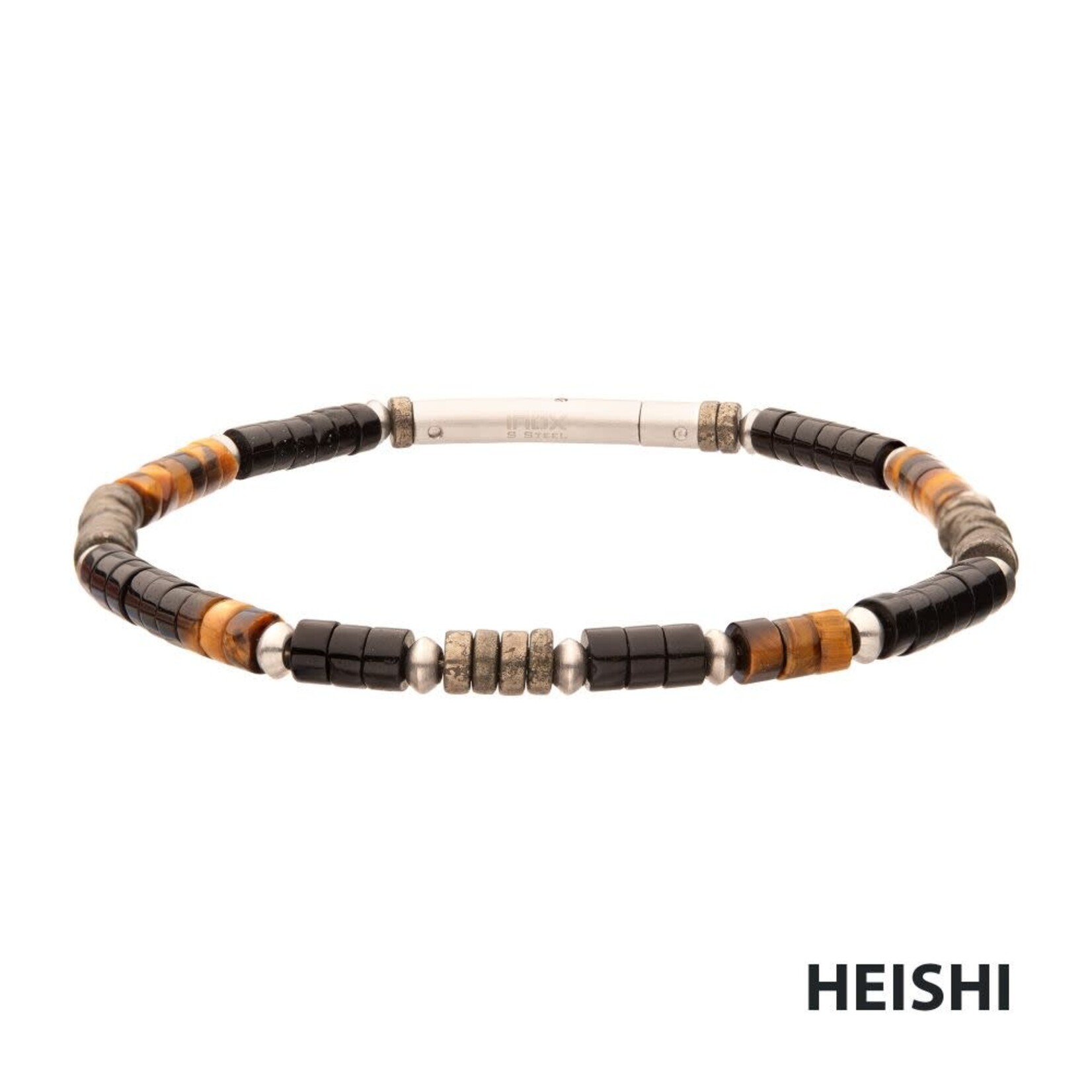 Inox Pyro Sentinel (Onyx / Pyrite / Tiger-eye) Heishi Bead Bracelet