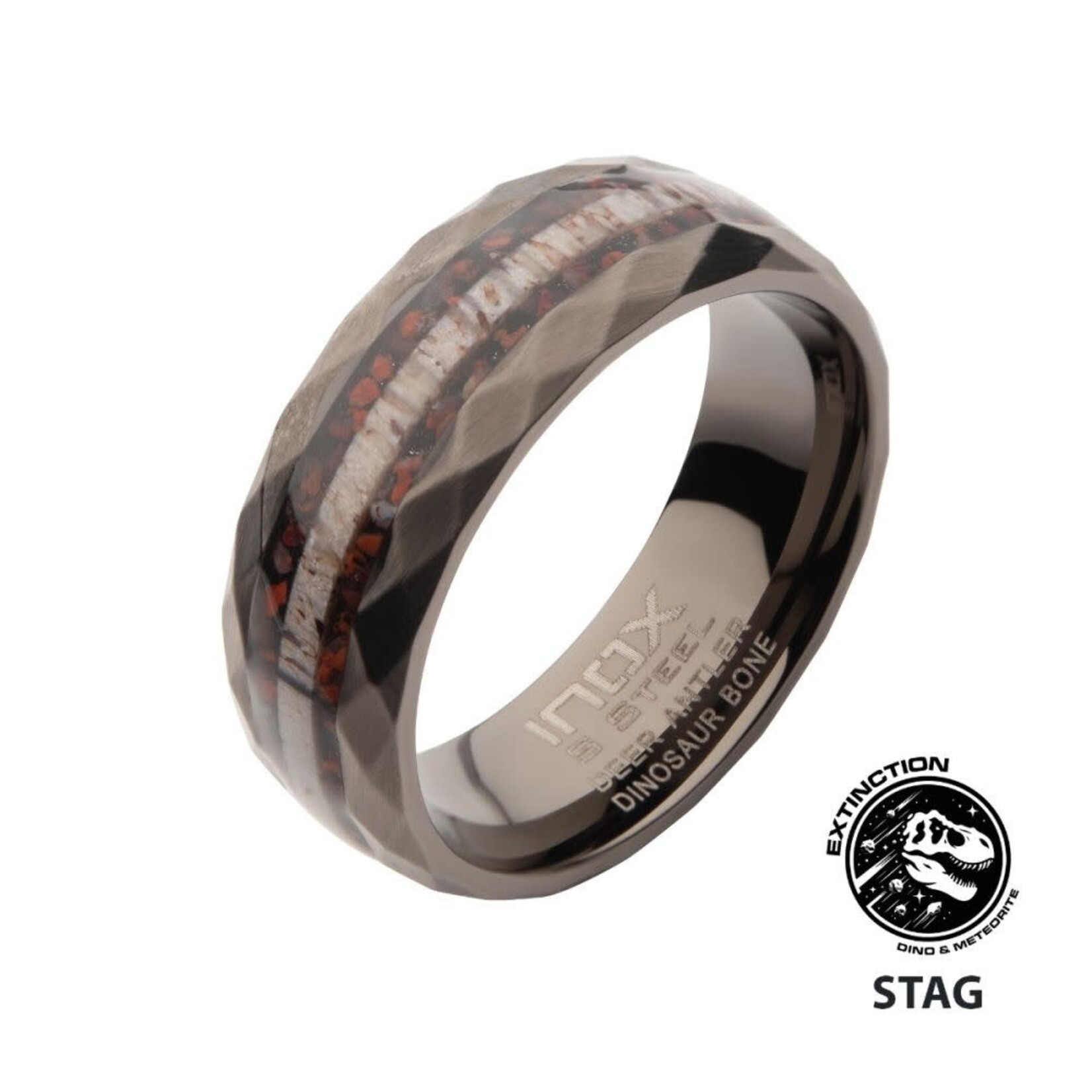 Inox Gun Metal IP Steel Matte Finish Dinosaur Bone & Deer Antler Inlay Comfort Fit Ring