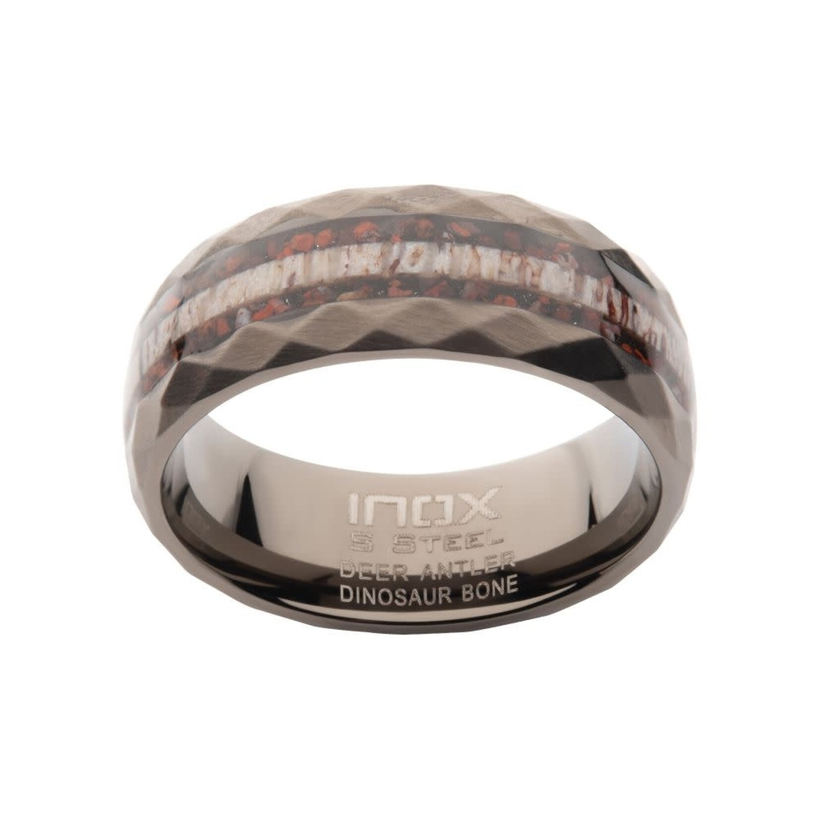 Inox Gun Metal IP Steel Matte Finish Dinosaur Bone & Deer Antler Inlay Comfort Fit Ring