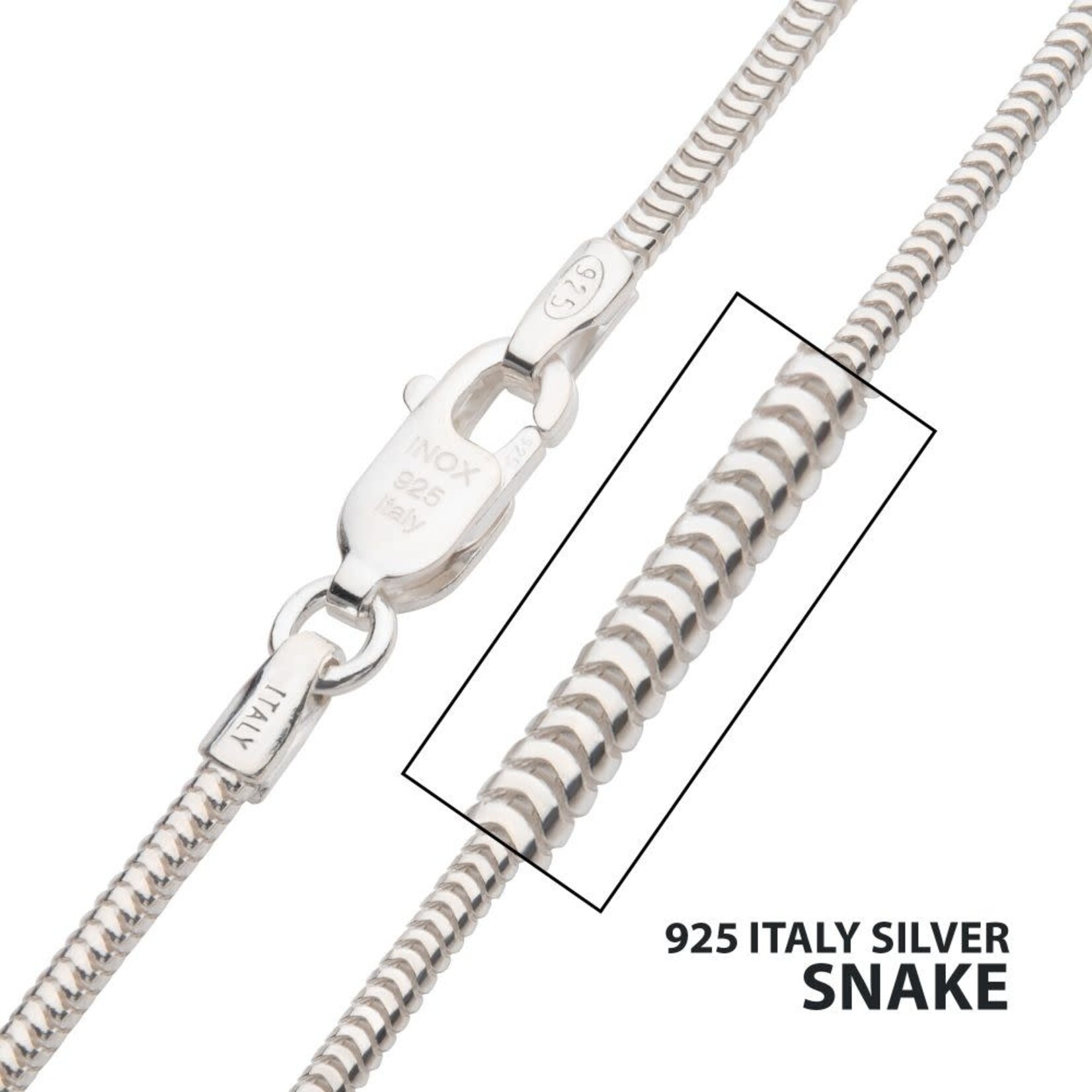 Inox 1.5mm 925 Italy Silver Polished Finish Snake Chain Necklace with Flat Lobster Clasp 22"