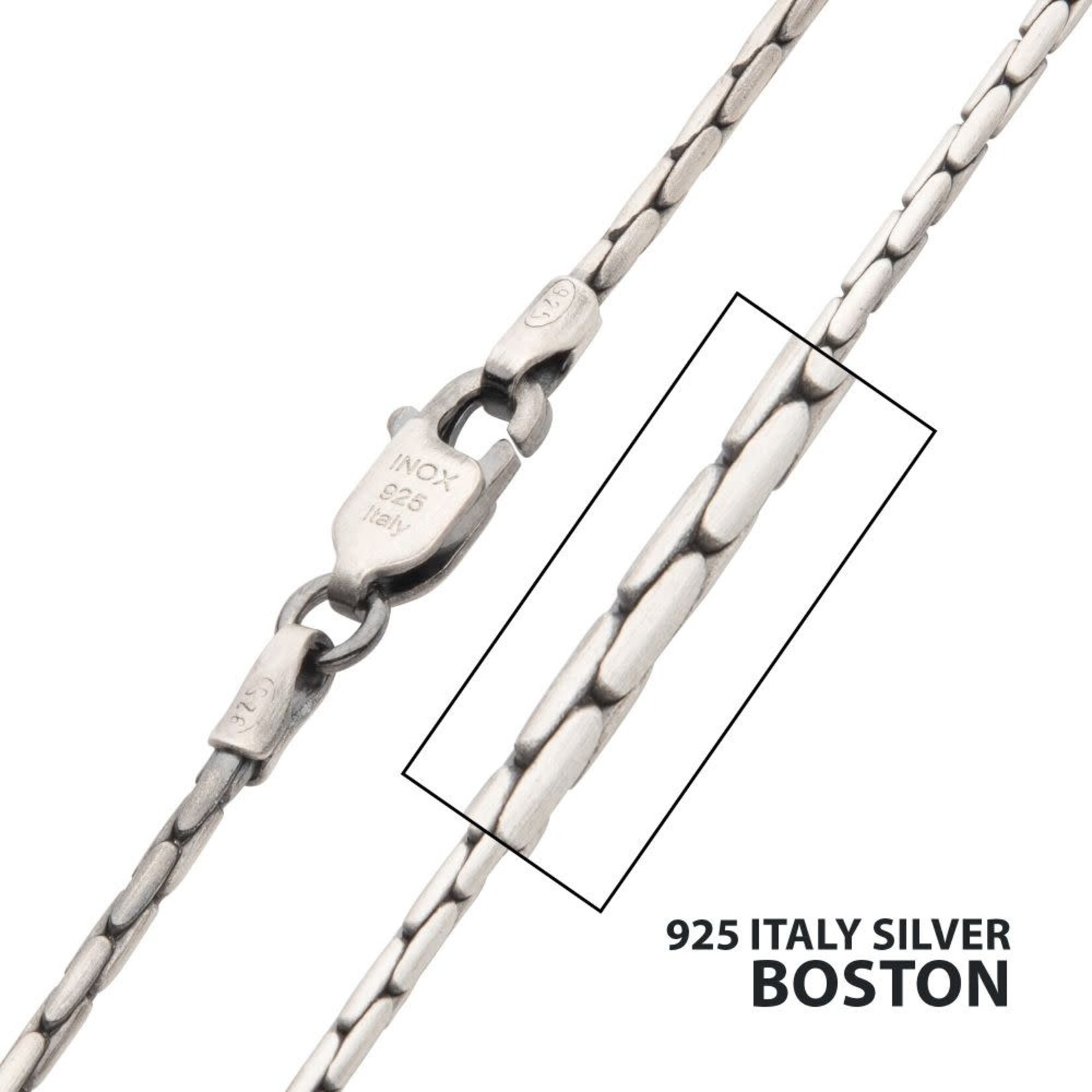 Inox 1.5mm 925 Italy Silver Black Rhodium Plated Brushed Satin Finish Boston Chain Necklace 22"