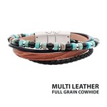 Inox Stainless Steel Brown & Black Leather w/ Black Onyx & Green Emperor Stone Bead Bracelet 8"-8.5"
