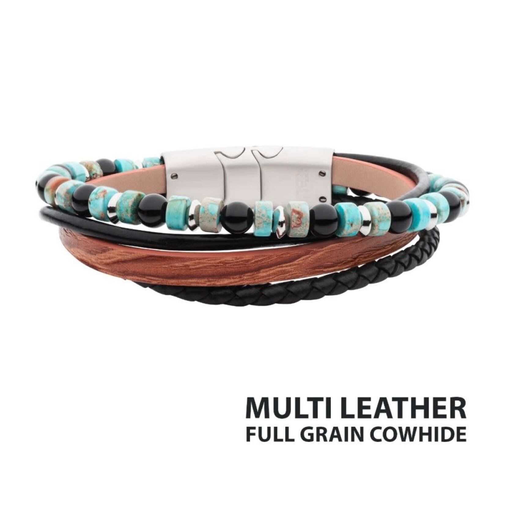 Inox Stainless Steel Brown & Black Leather w/ Black Onyx & Green Emperor Stone Bead Bracelet 8"-8.5"
