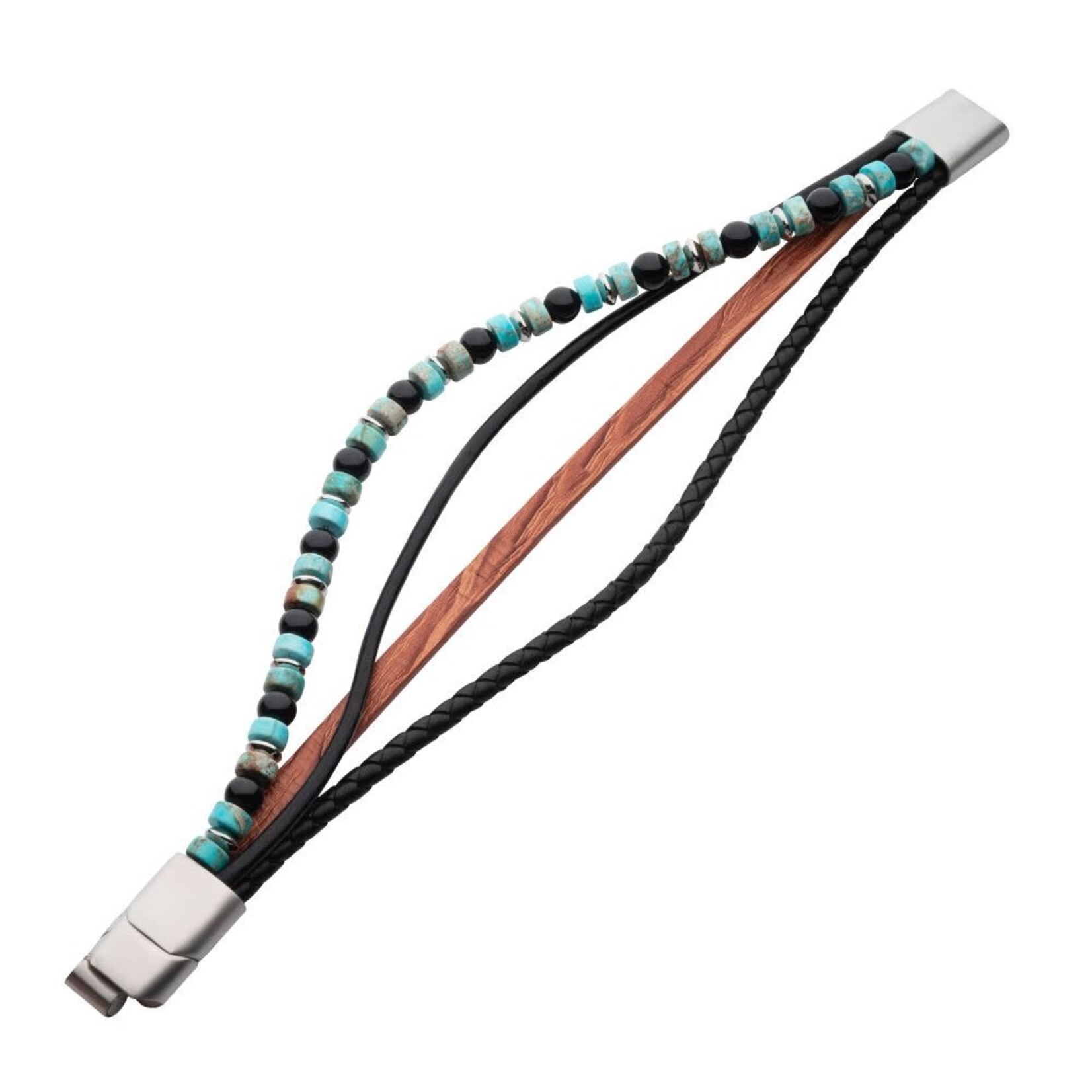 Inox Stainless Steel Brown & Black Leather w/ Black Onyx & Green Emperor Stone Bead Bracelet 8"-8.5"