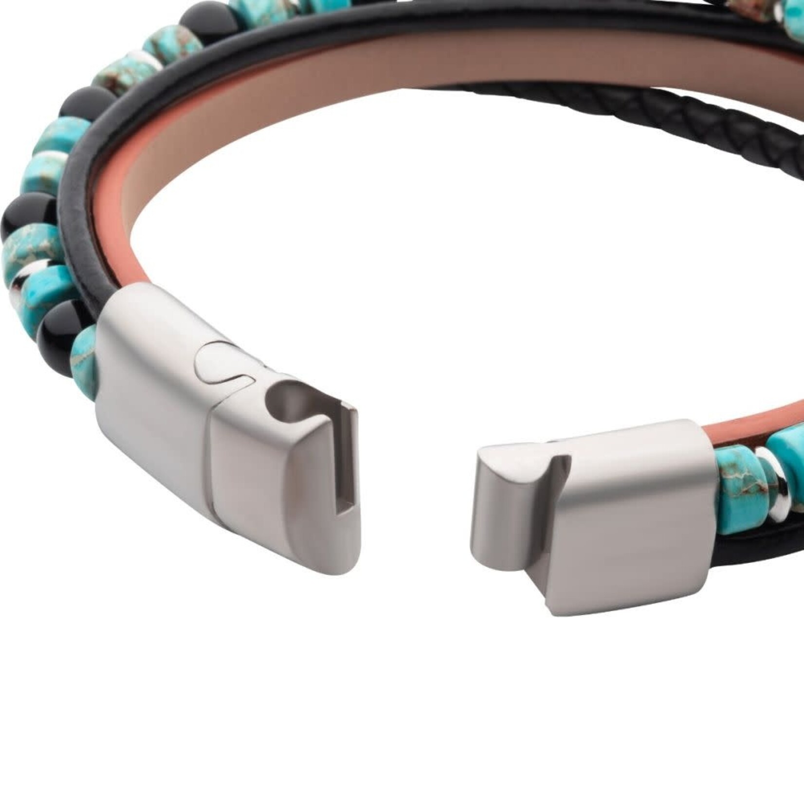 Inox Stainless Steel Brown & Black Leather w/ Black Onyx & Green Emperor Stone Bead Bracelet 8"-8.5"
