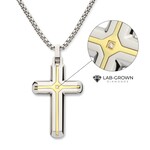 Inox 18Kt Gold IP Stainless Steel Two Tone Lab-Grown Diamond Cross Pendant with Box Chain 24"