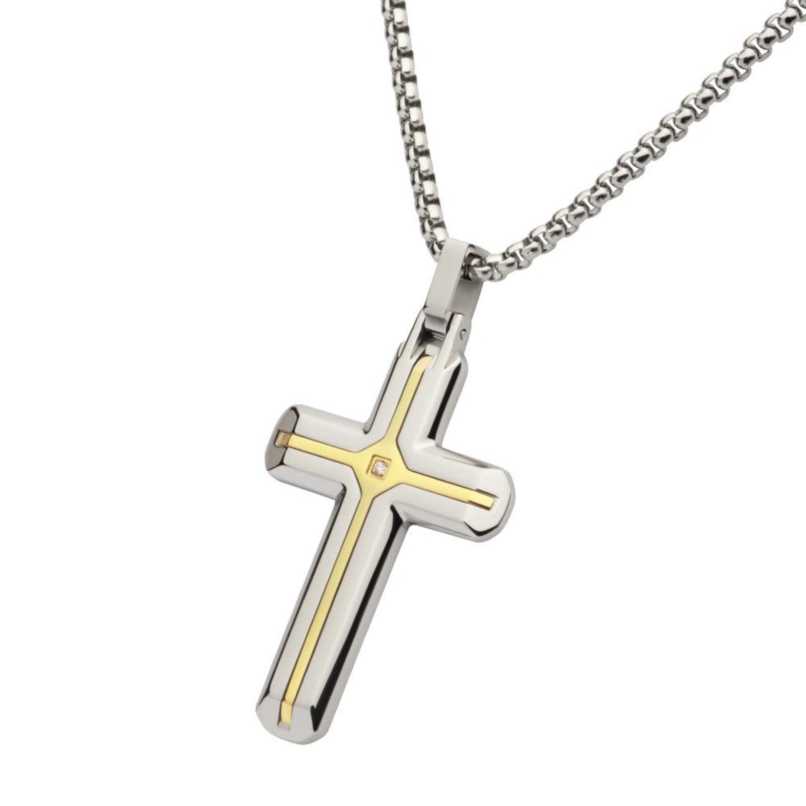 Inox 18Kt Gold IP Stainless Steel Two Tone Lab-Grown Diamond Cross Pendant with Box Chain 24"