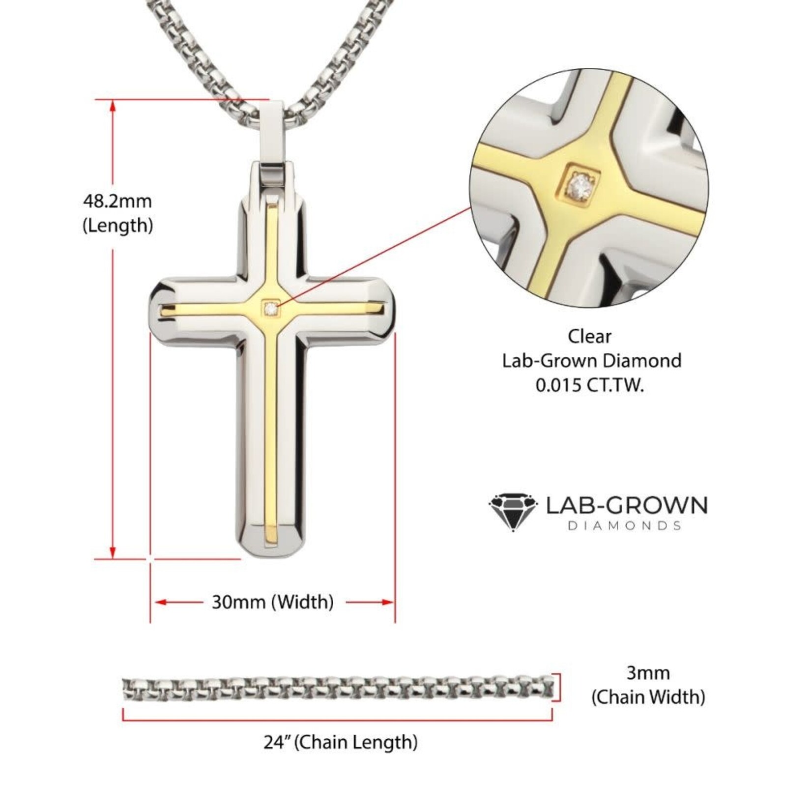 Inox 18Kt Gold IP Stainless Steel Two Tone Lab-Grown Diamond Cross Pendant with Box Chain 24"