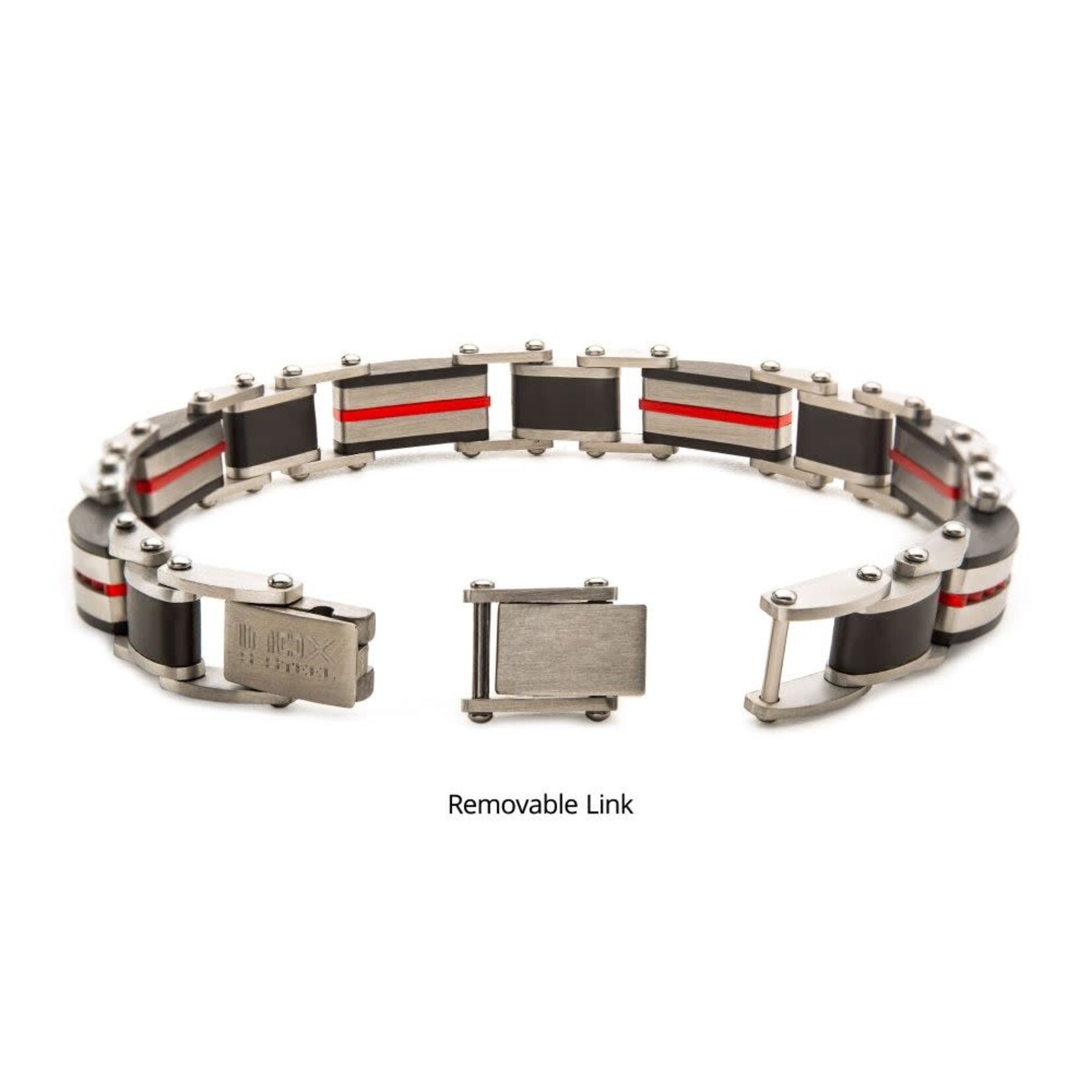 Inox Stainless Steel Black & Red IP Dante Link Bracelet 7.75"-8.25"