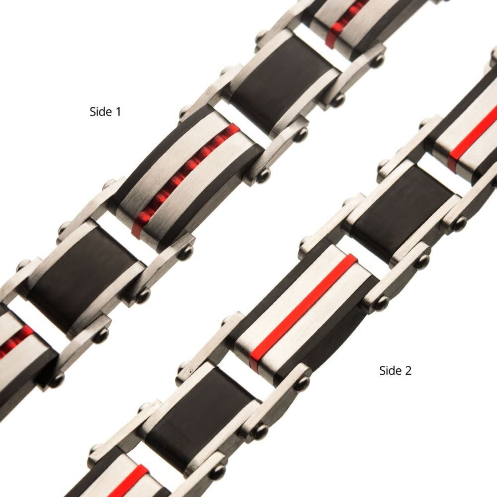 Inox Stainless Steel Black & Red IP Dante Link Bracelet 7.75"-8.25"