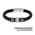 Inox Celtic Knot Bead in Black Braided Full Grain Cowhide Leather Bracelet 8"