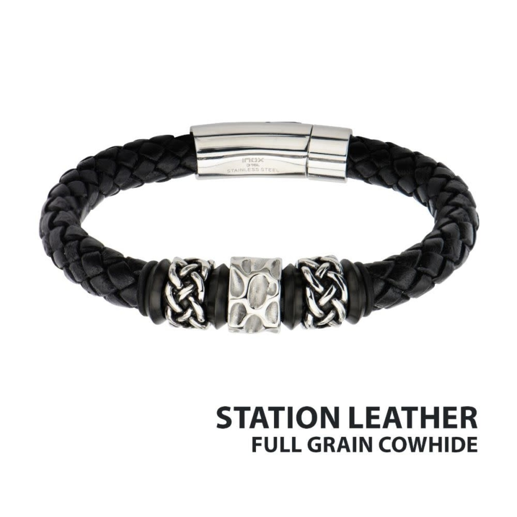 Inox Celtic Knot Bead in Black Braided Full Grain Cowhide Leather Bracelet 8"