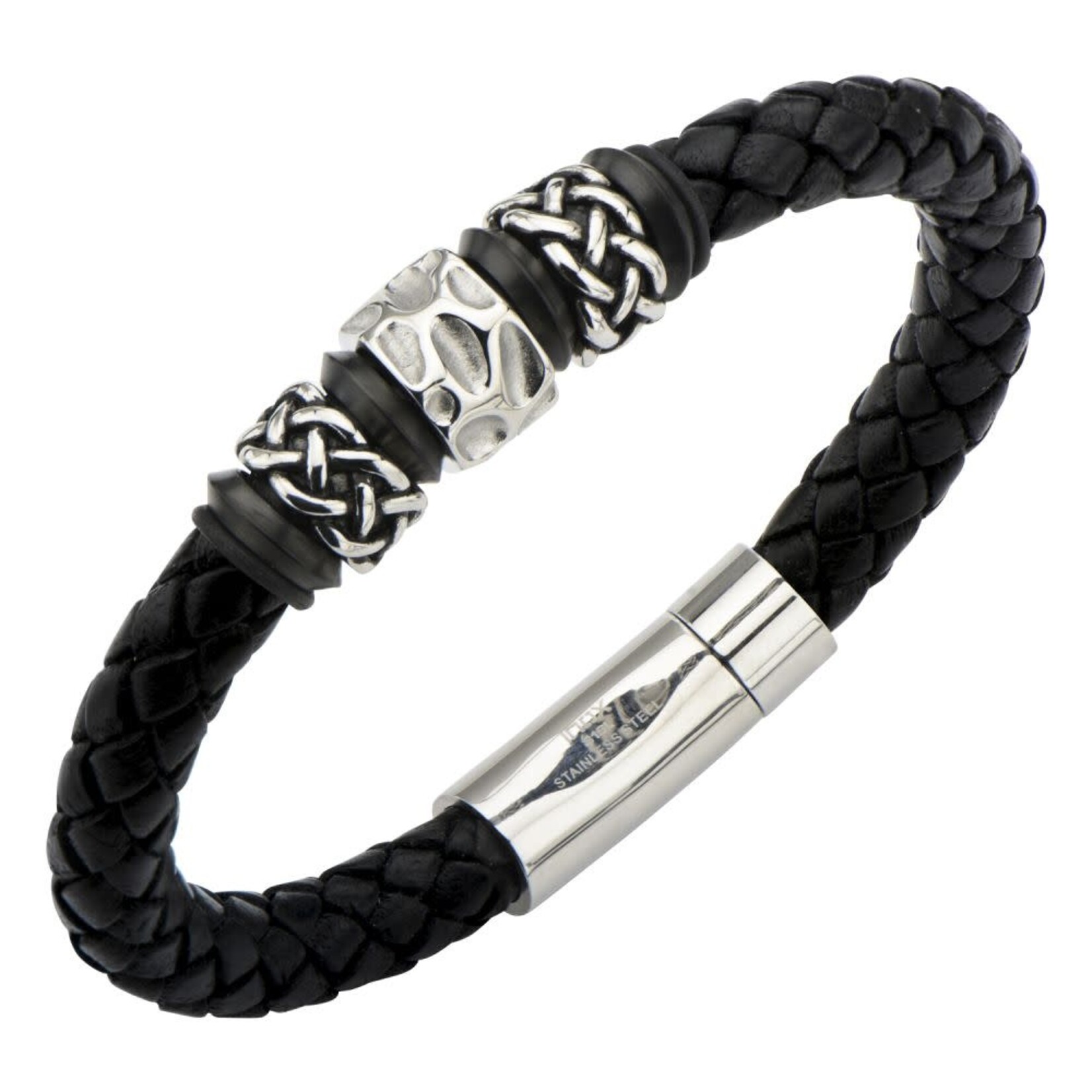 Inox Celtic Knot Bead in Black Braided Full Grain Cowhide Leather Bracelet 8"