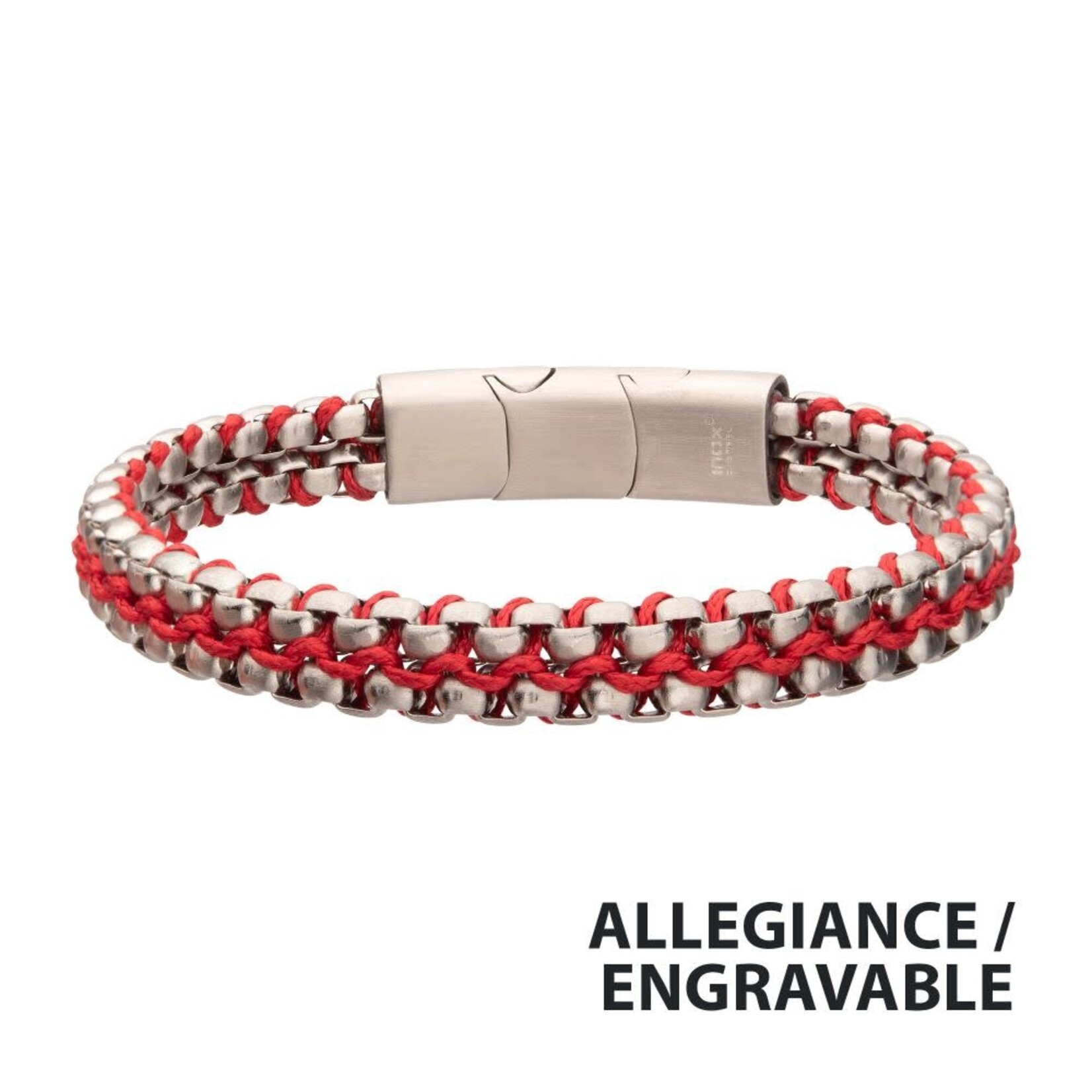 Inox Matte Finish Stainless Steel Box Chain with Red Wax Cord Bracelet 7.75"-8.25"