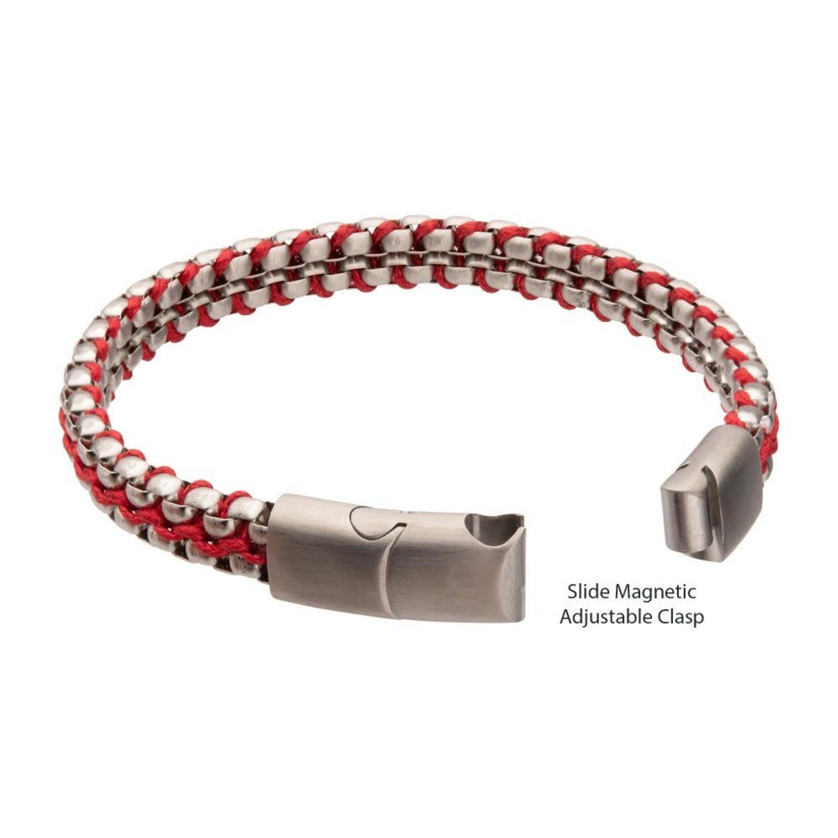 Inox Matte Finish Stainless Steel Box Chain with Red Wax Cord Bracelet 7.75"-8.25"