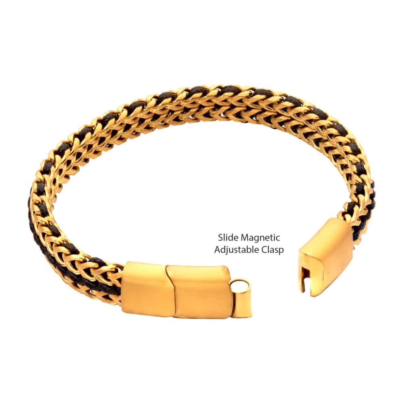 Inox Matte Finish Gold IP Stainless Steel Foxtail Chain with Black Wax Cord Bracelet 7.75"-8.25"