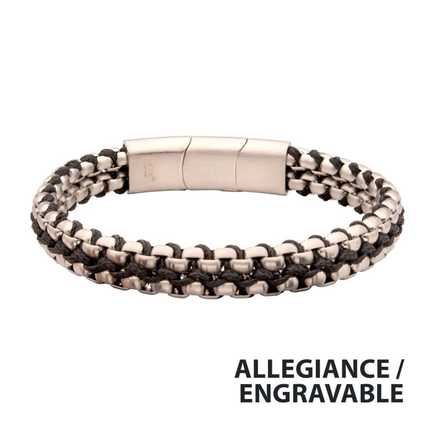 Inox Matte Finish Stainless Steel Box Chain with Black Wax Cord Bracelet 7.75"-8.25"