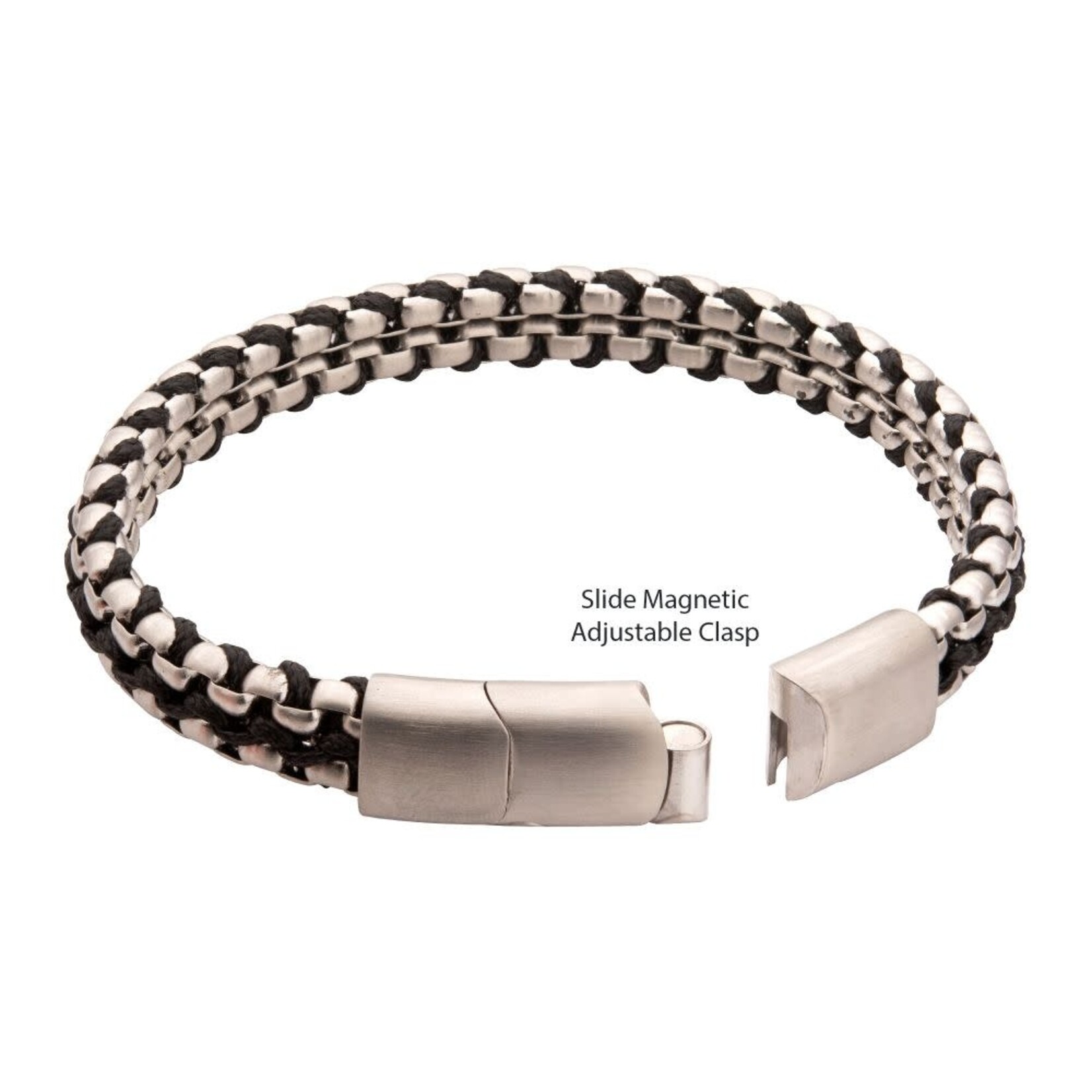 Inox Matte Finish Stainless Steel Box Chain with Black Wax Cord Bracelet 7.75"-8.25"