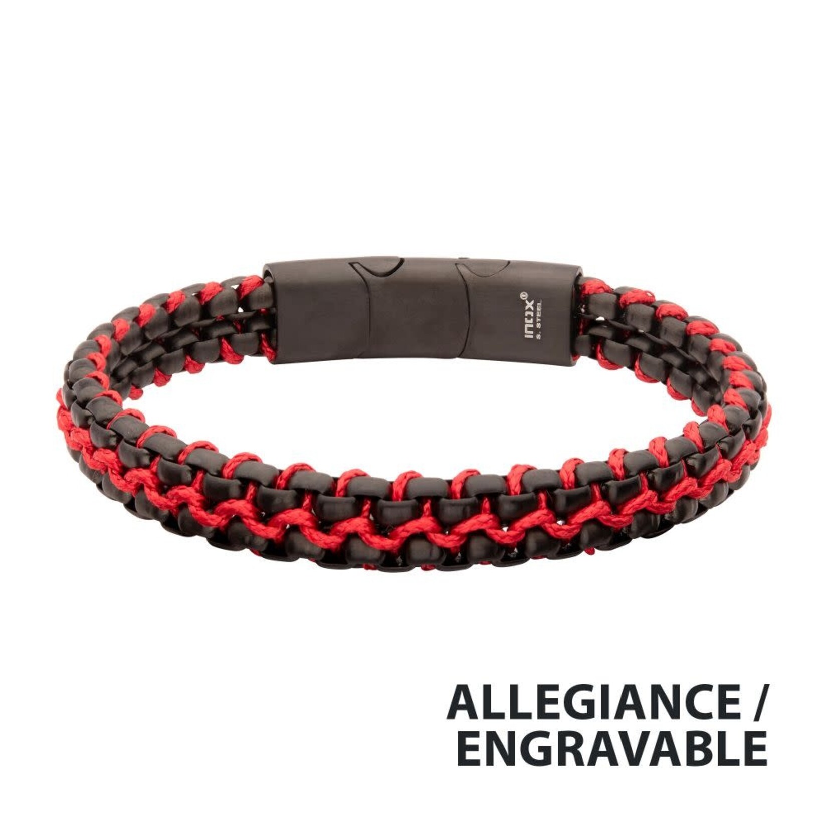 Inox Matte Finish Black IP Stainless Steel Box Chain with Red Wax Cord Bracelet 7.75"-8.25"