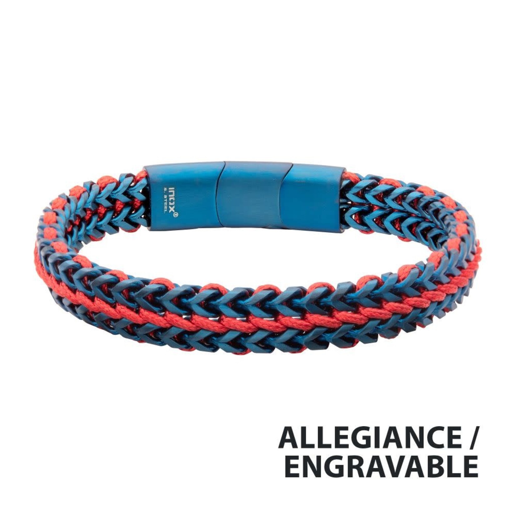 Inox Matte Finish Blue IP Stainless Steel Foxtail Chain with Red Wax Cord Bracelet 7.75"-8.25"