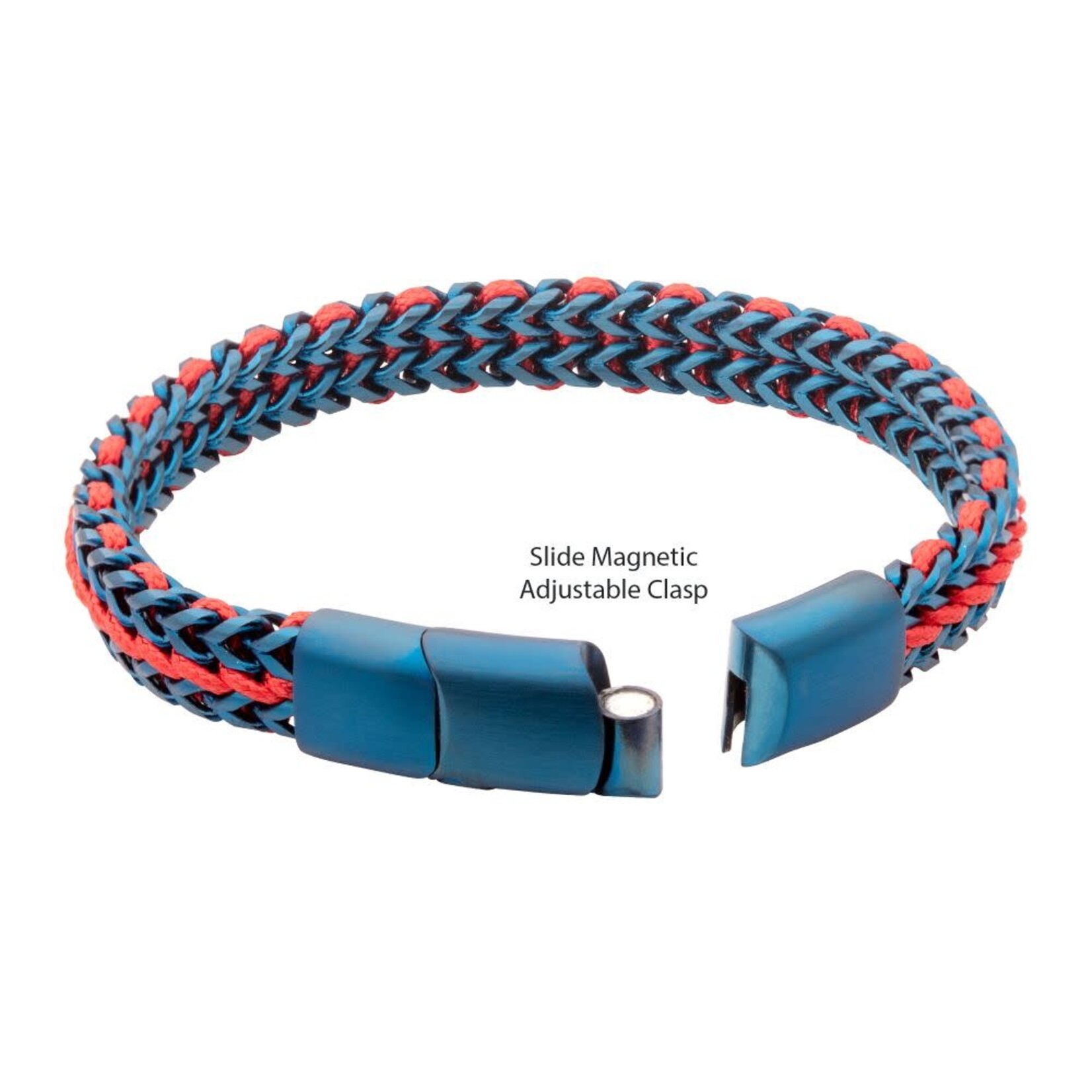 Inox Matte Finish Blue IP Stainless Steel Foxtail Chain with Red Wax Cord Bracelet 7.75"-8.25"