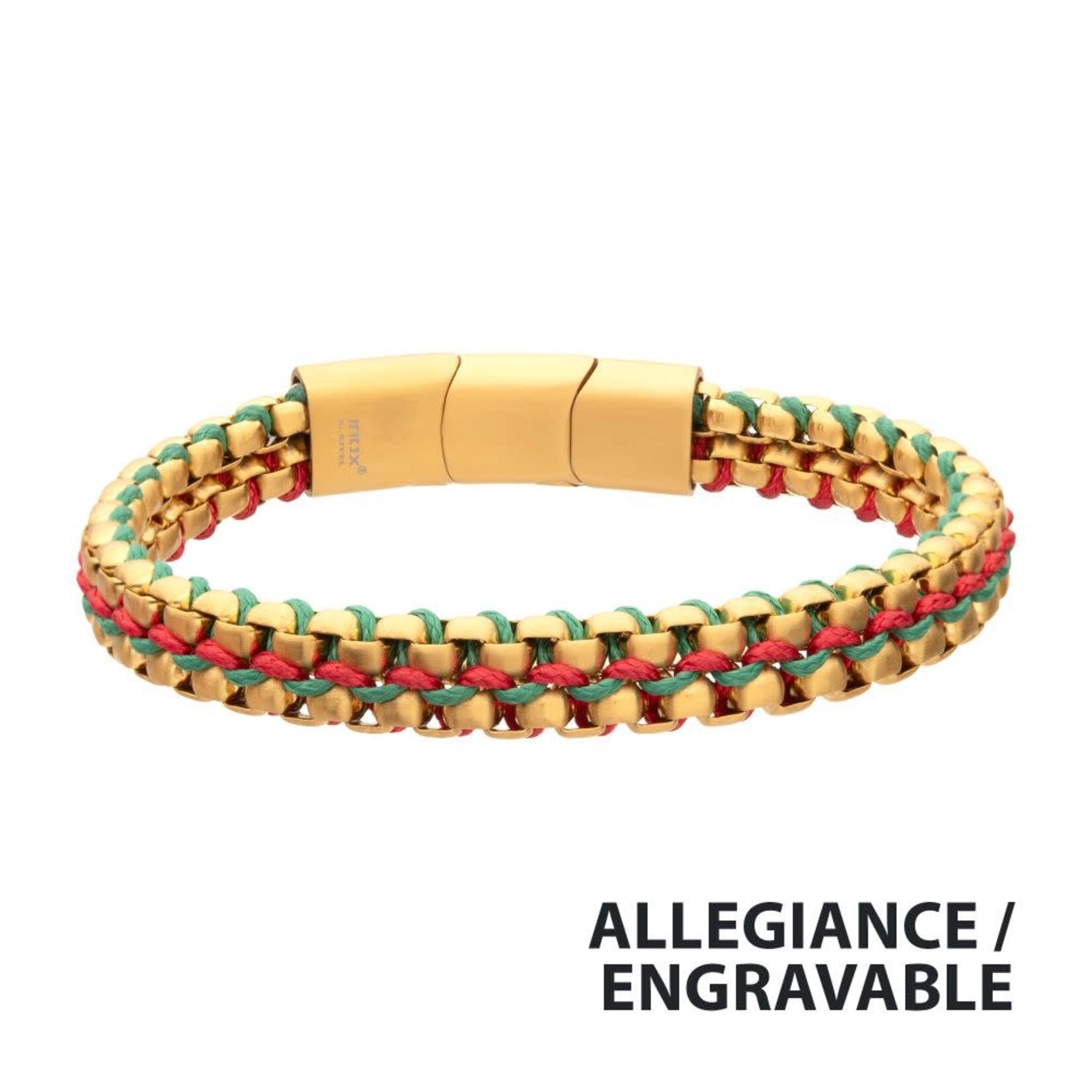 Inox Matte Finish Gold IP Stainless Steel Box Chain with Red and Green Wax Cord Bracelet 7.75"-8.25"