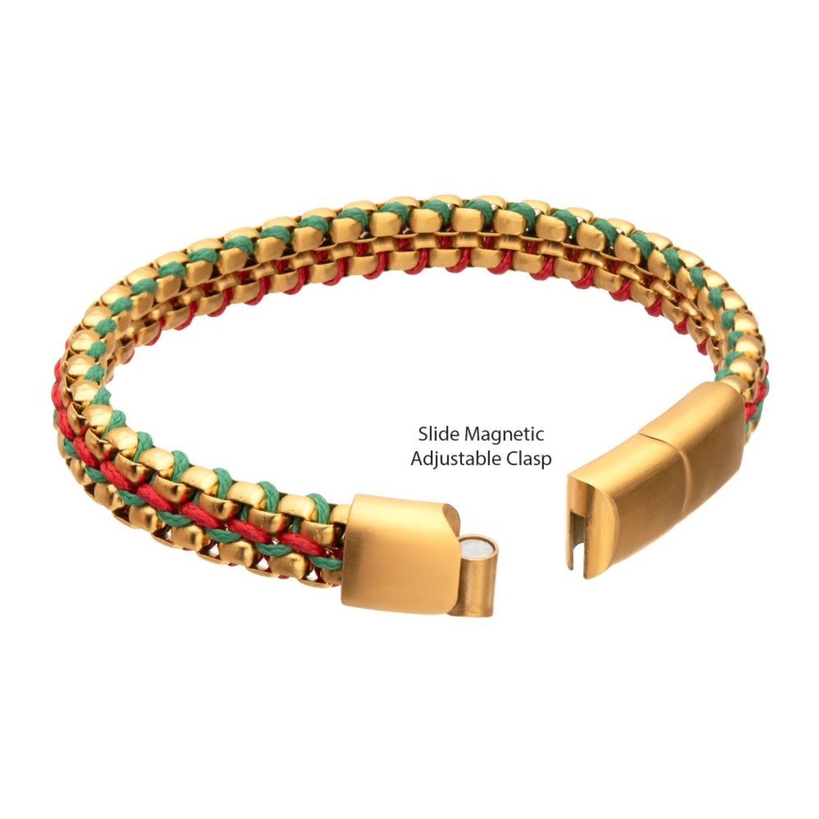 Inox Matte Finish Gold IP Stainless Steel Box Chain with Red and Green Wax Cord Bracelet 7.75"-8.25"
