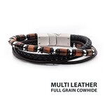 Inox Black & Brown Full Grain Cowhide Leather with Black Onyx & Tiger's Eye Stone Bead Multi-Strand Bracelet 8"-8.5"