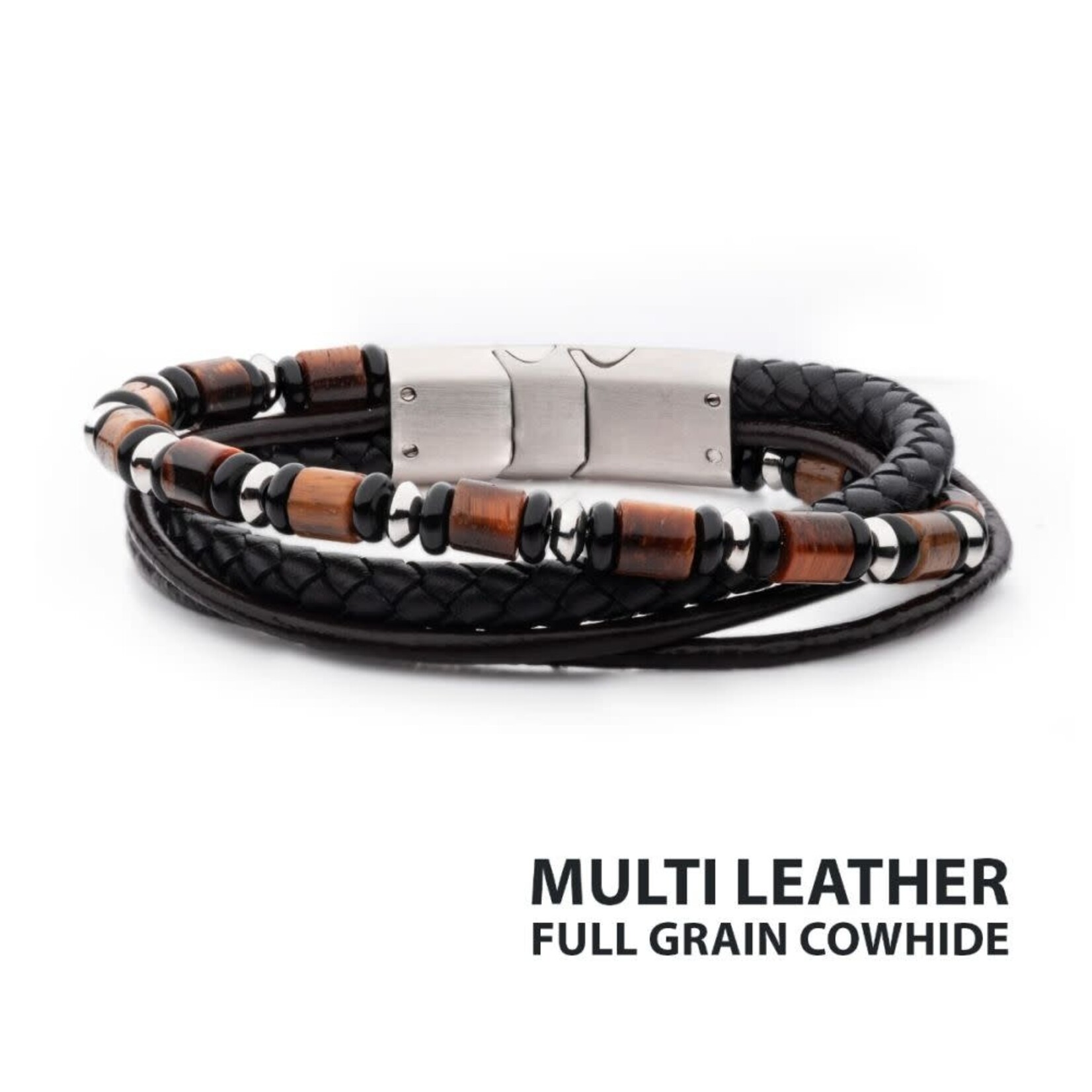 Inox Black & Brown Full Grain Cowhide Leather with Black Onyx & Tiger's Eye Stone Bead Multi-Strand Bracelet 8"-8.5"